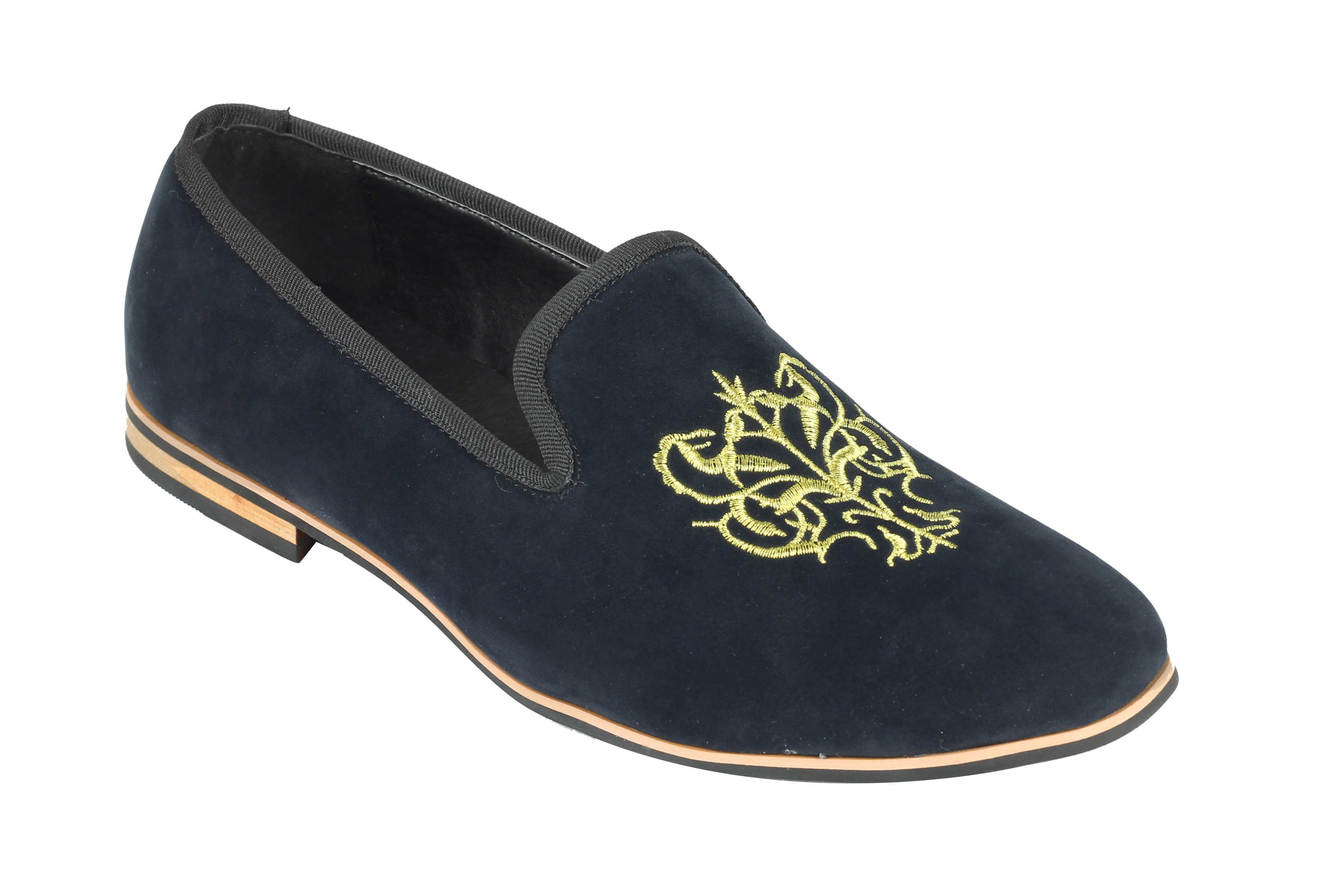Mens Faux Suede Leather Gold Embroidery Logo Slip on Loafers Dress